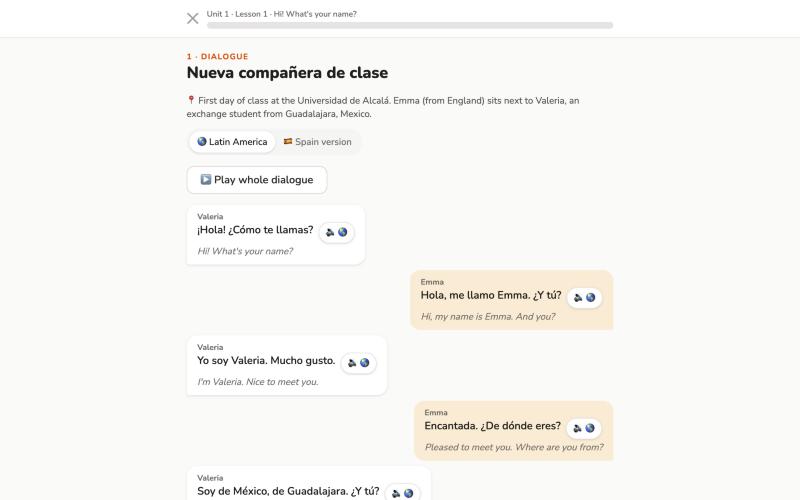 A lesson dialogue with audio, the Latin America / Spain toggle and English translations