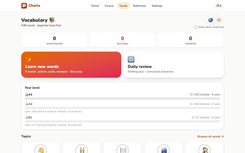 The vocabulary hub: learn new words, daily review and A1 → B1 level progress