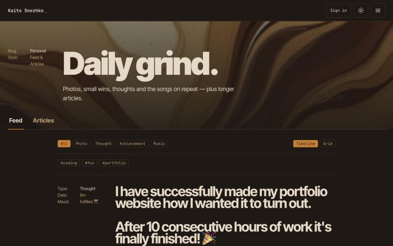 The personal side: a blog feed with photos, thoughts, achievements and music