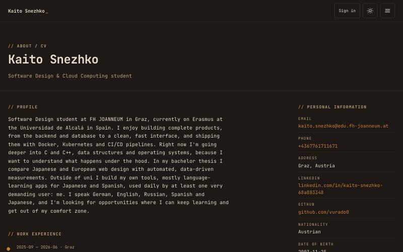 The Europass-style CV page, editable section by section