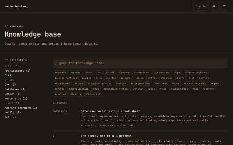 The know-how base: categories, tag filters and full-text search